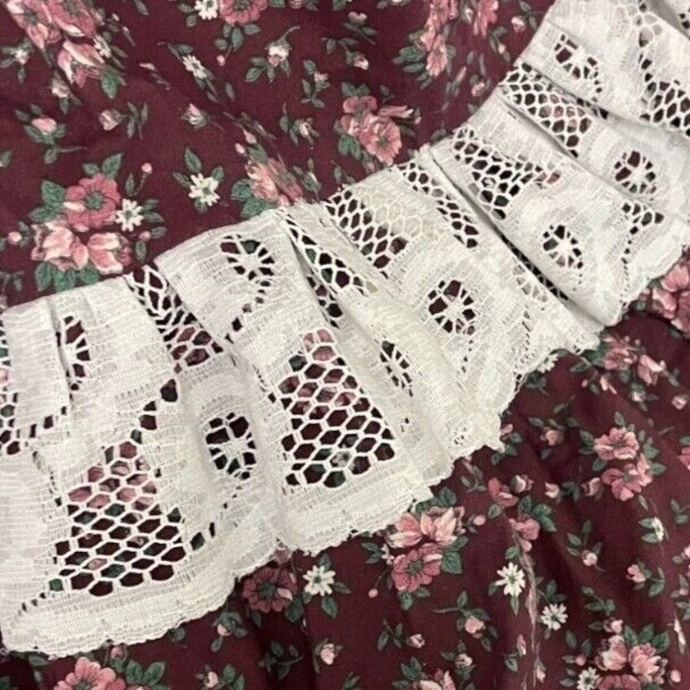 Vtg Handmade Floral Lace Trim Maxi XL‎ Dress Cottagecore Ruffle Crochet Modest - Picture 5 of 10